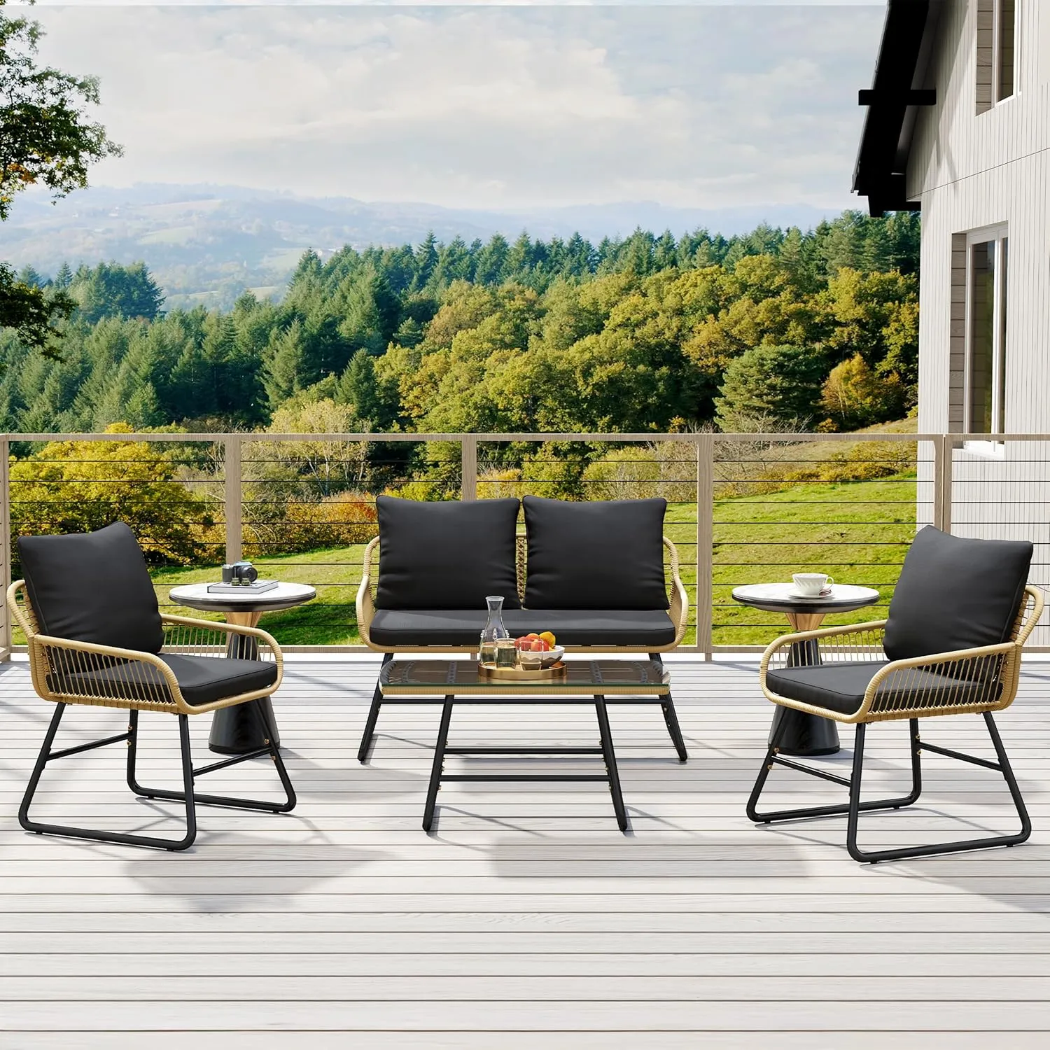 Yaheetech 4 Piece Patio Furniture Set, Outdoor Wicker Conversation Sets, Boho Loveseat & 2 Armchairs with Cushion and Pillow, Glass Top Table for Backyard, Porch, Balcony, Deck - Tan/Black