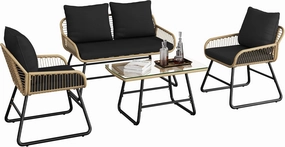 Yaheetech 4 Piece Patio Furniture Set, Outdoor Wicker Conversation Sets, Boho Loveseat & 2 Armchairs with Cushion and Pillow, Glass Top Table for Backyard, Porch, Balcony, Deck - Tan/Black