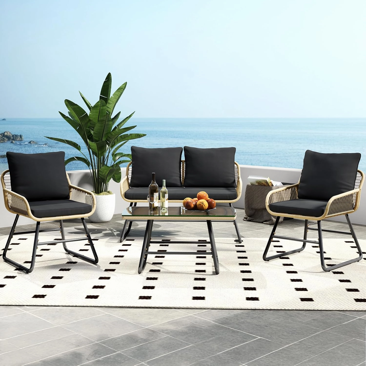 Yaheetech 4 Piece Patio Furniture Set, Outdoor Wicker Conversation Sets, Boho Loveseat & 2 Armchairs with Cushion and Pillow, Glass Top Table for Backyard, Porch, Balcony, Deck - Tan/Black