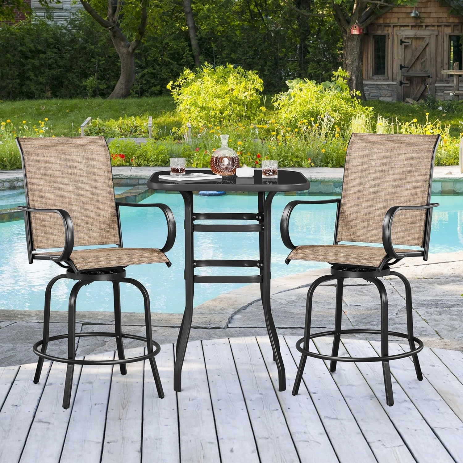 Yaheetech Patio Swivel Barstools Outdoor Chairs Set of 4, High Bistro Stools Outdoor Furniture, All-Weather Patio Stools for Outside, Beach, Lawn, Poolside and Garden, Black/Brown