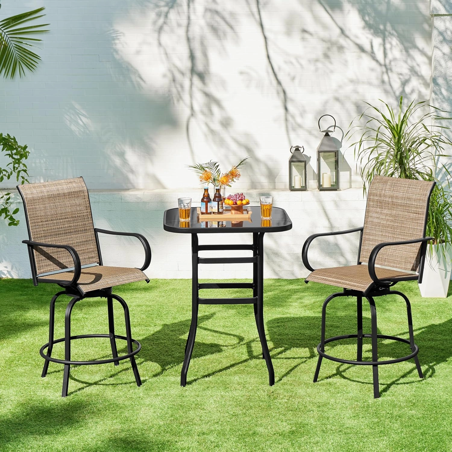 Yaheetech Patio Swivel Barstools Outdoor Chairs Set of 4, High Bistro Stools Outdoor Furniture, All-Weather Patio Stools for Outside, Beach, Lawn, Poolside and Garden, Black/Brown