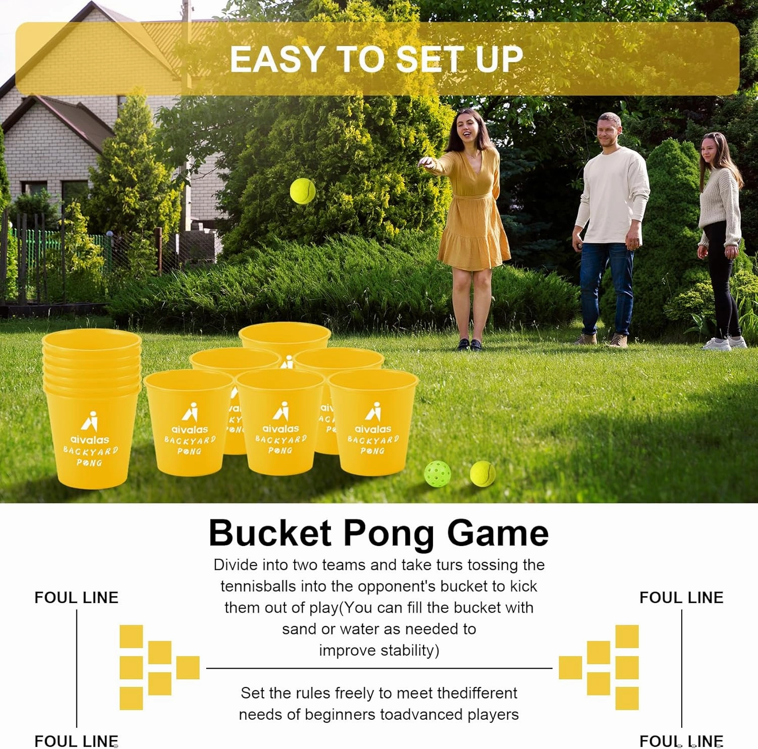 Yard Pong Outdoor Games, Giant Yard Games Set with 12 Buckets and Balls for Adults and Family, Toss Game Throwing Games for Beach, Camping, Lawn and Backyard