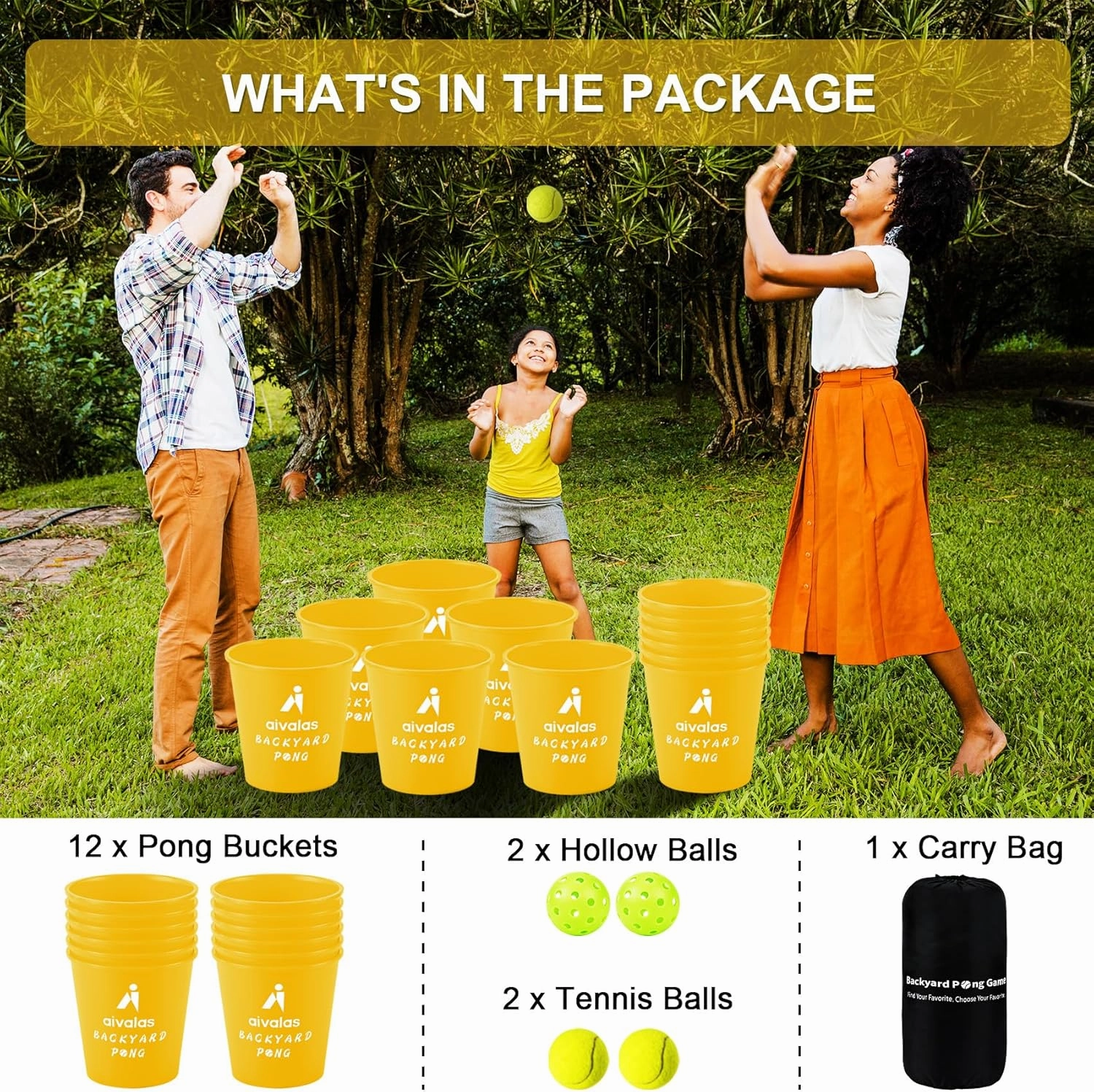 Yard Pong Outdoor Games, Giant Yard Games Set with 12 Buckets and Balls for Adults and Family, Toss Game Throwing Games for Beach, Camping, Lawn and Backyard