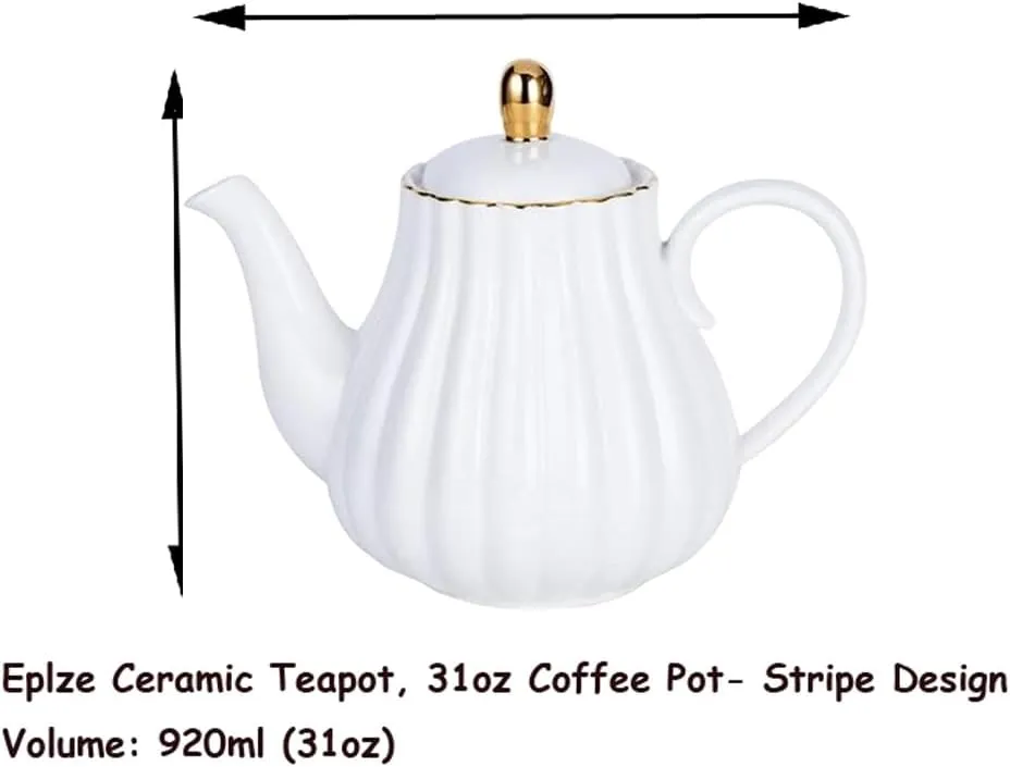 YBK Tech Strengthen Porcelain Teapot, 31oz Coffee Pot Ceramic Teapot- Stripe Design (White)
