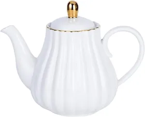 YBK Tech Strengthen Porcelain Teapot, 31oz Coffee Pot Ceramic Teapot- Stripe Design (White)