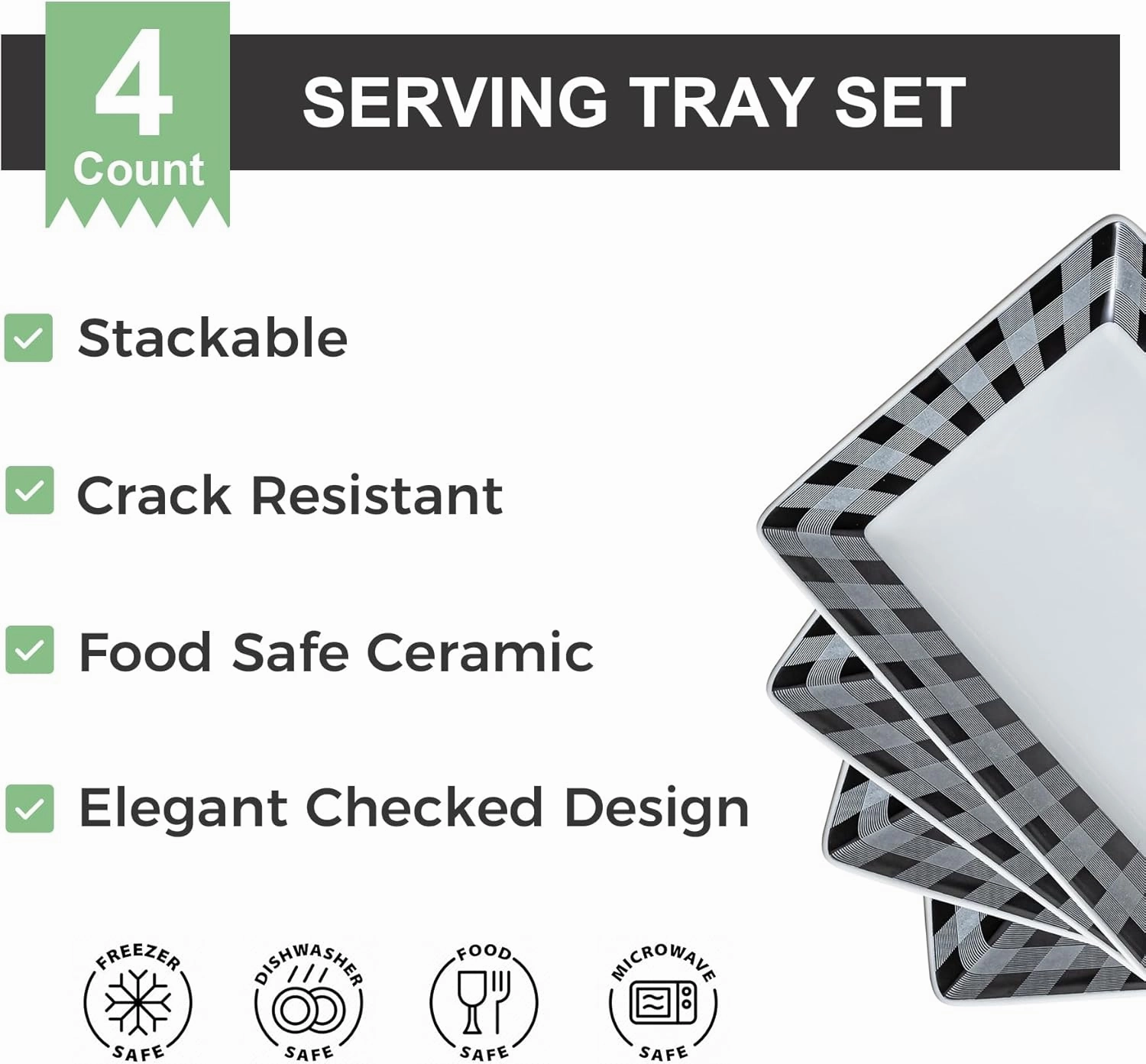 YHOSSEUN Ceramic Serving Platters Set of 4, Black and White Serving Platters and Trays for Food, Rectangular Appetizer Serving Dishes for Parties, Checkered, 12 Inch