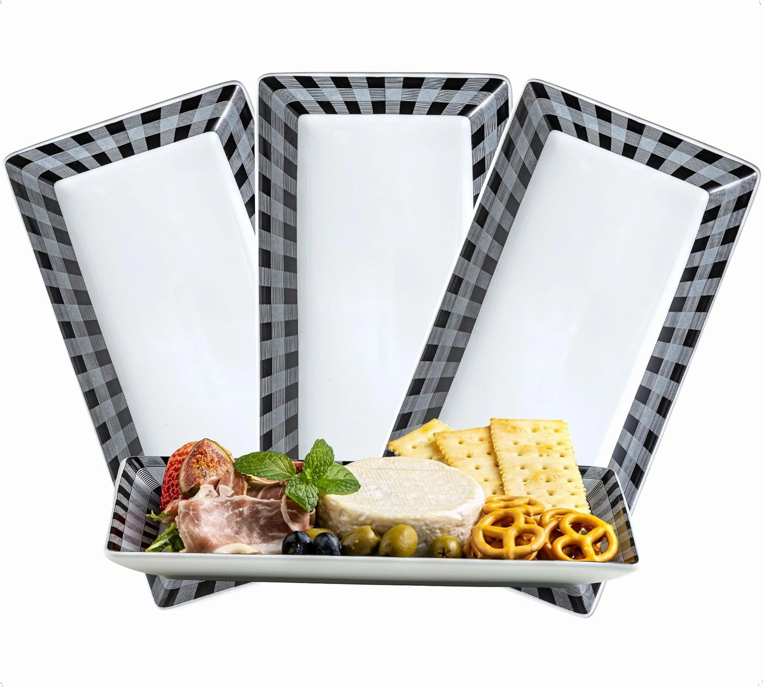 YHOSSEUN Ceramic Serving Platters Set of 4, Black and White Serving Platters and Trays for Food, Rectangular Appetizer Serving Dishes for Parties, Checkered, 12 Inch