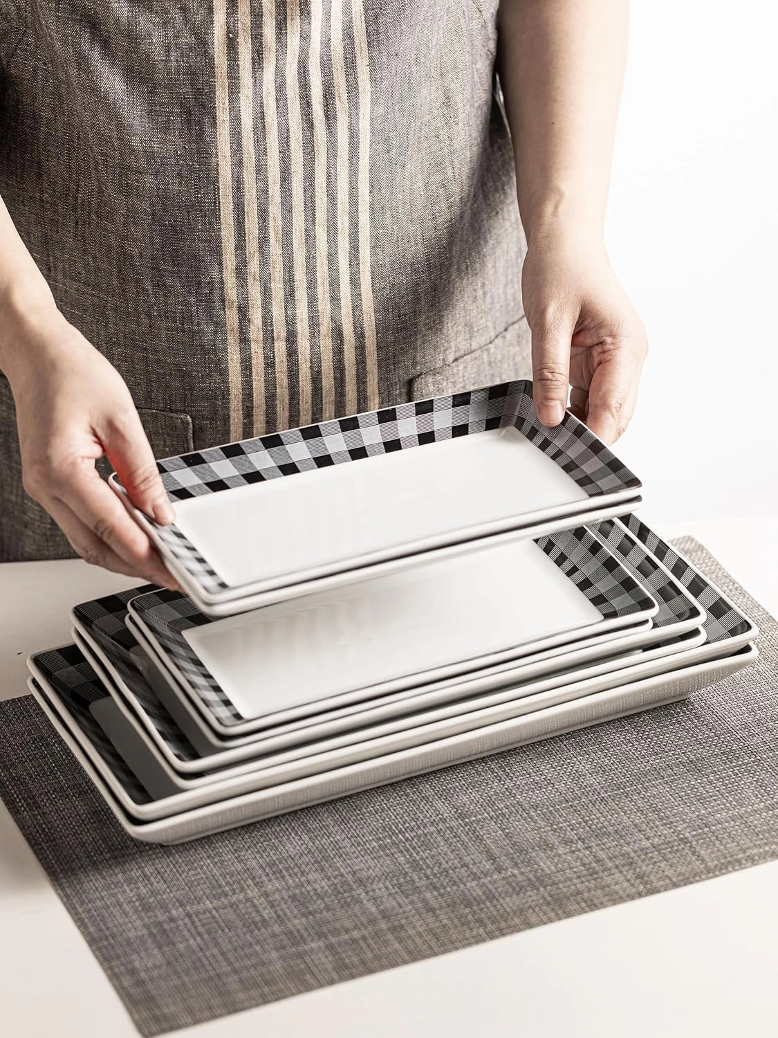 YHOSSEUN Ceramic Serving Platters Set of 4, Black and White Serving Platters and Trays for Food, Rectangular Appetizer Serving Dishes for Parties, Checkered, 12 Inch