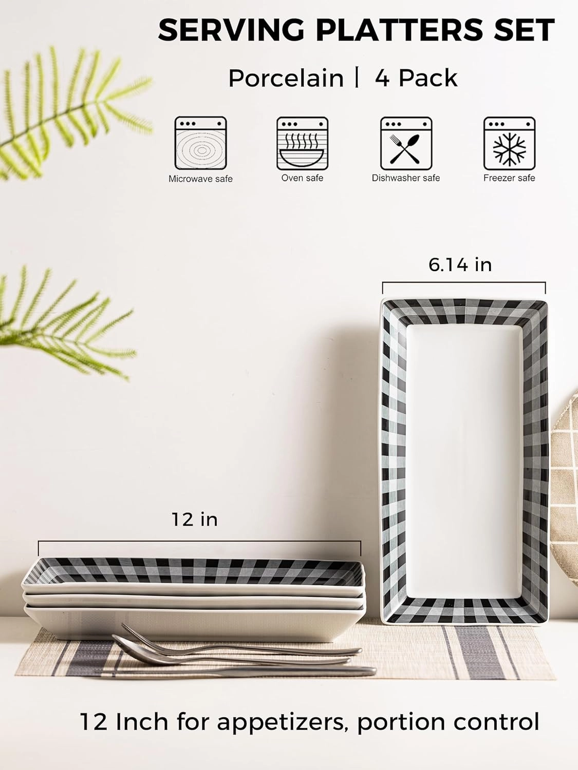 YHOSSEUN Ceramic Serving Platters Set of 4, Black and White Serving Platters and Trays for Food, Rectangular Appetizer Serving Dishes for Parties, Checkered, 12 Inch