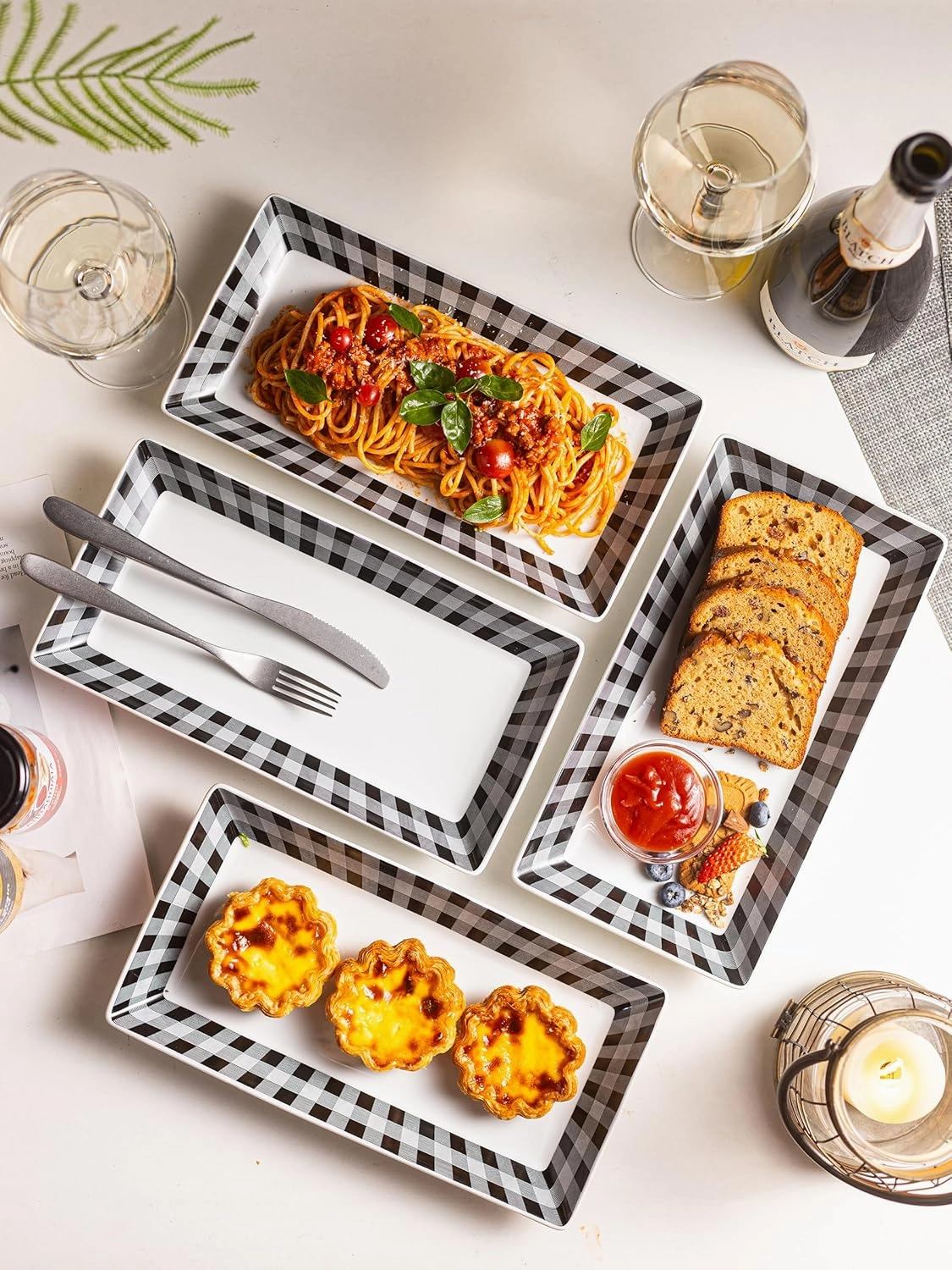 YHOSSEUN Ceramic Serving Platters Set of 4, Black and White Serving Platters and Trays for Food, Rectangular Appetizer Serving Dishes for Parties, Checkered, 12 Inch