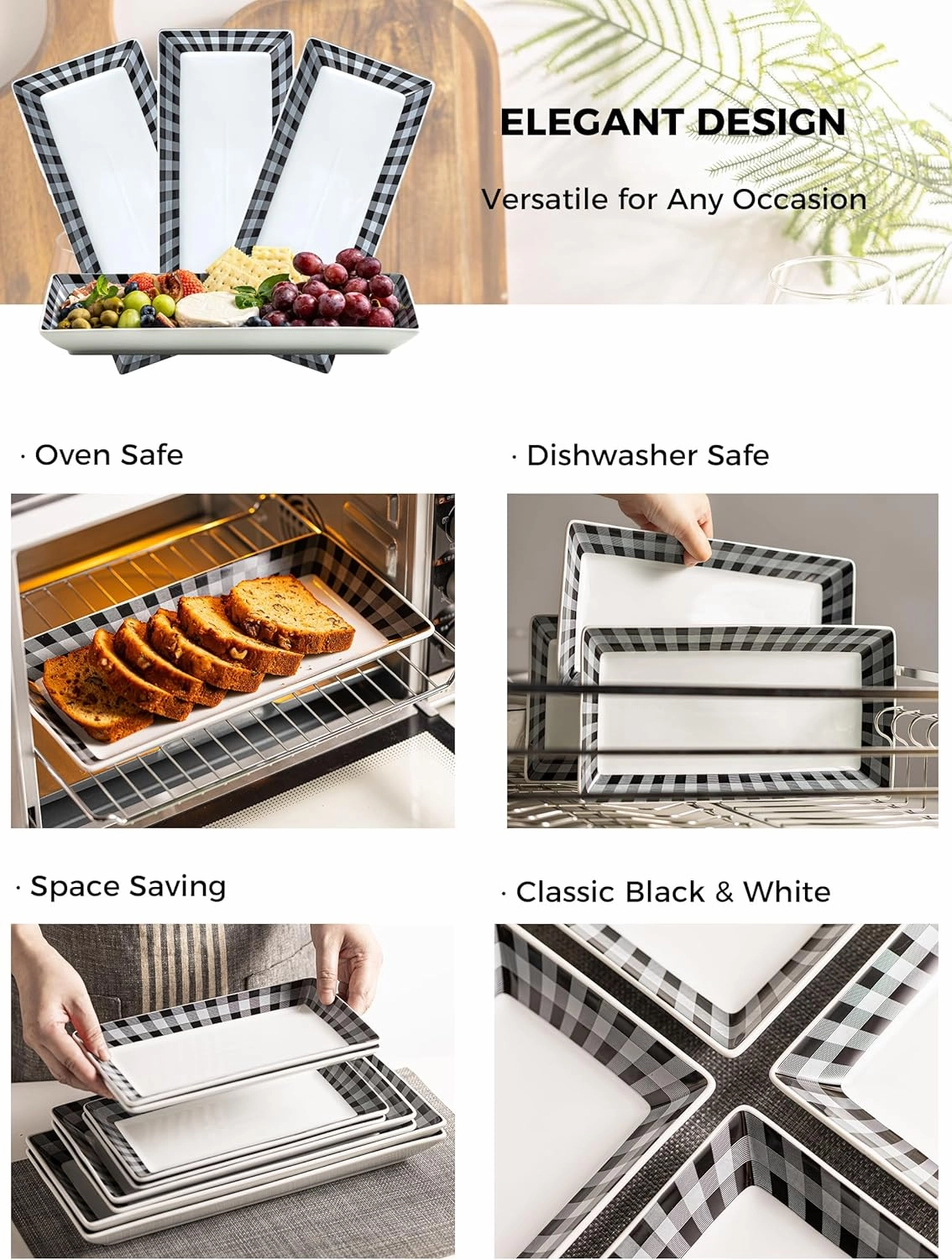 YHOSSEUN Ceramic Serving Platters Set of 4, Black and White Serving Platters and Trays for Food, Rectangular Appetizer Serving Dishes for Parties, Checkered, 12 Inch