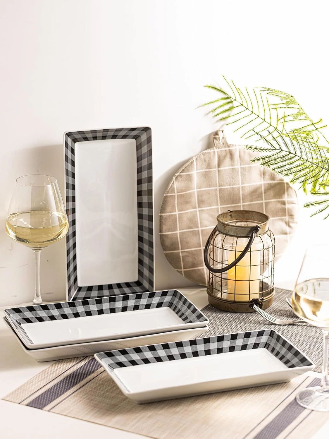 YHOSSEUN Ceramic Serving Platters Set of 4, Black and White Serving Platters and Trays for Food, Rectangular Appetizer Serving Dishes for Parties, Checkered, 12 Inch
