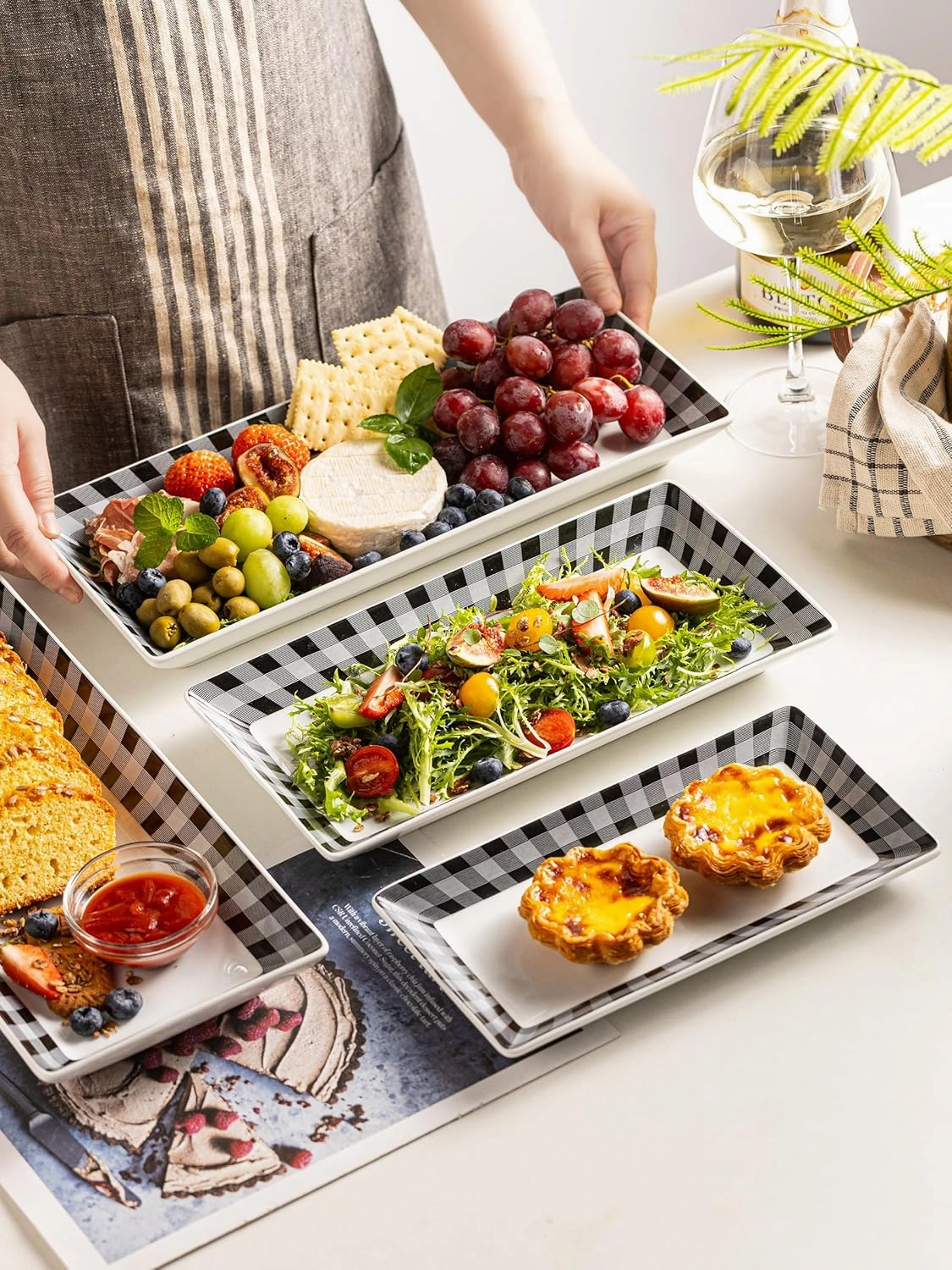 YHOSSEUN Ceramic Serving Platters Set of 4, Black and White Serving Platters and Trays for Food, Rectangular Appetizer Serving Dishes for Parties, Checkered, 12 Inch