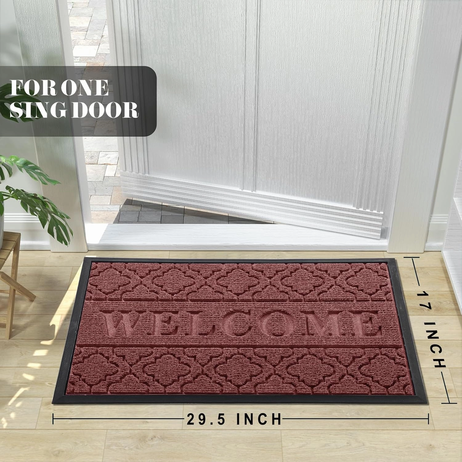 Yimobra Welcome Mat Outdoor Indoor, All-Season Waterproof Front Door Mat Outside Entrance, All-Weather Heavy Duty Non-Slip Doormat, Low Profile Porch Patio Entrance Mats, 29.5x17, Red