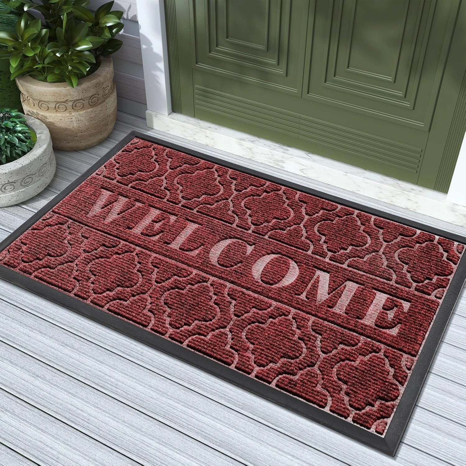 Yimobra Welcome Mat Outdoor Indoor, All-Season Waterproof Front Door Mat Outside Entrance, All-Weather Heavy Duty Non-Slip Doormat, Low Profile Porch Patio Entrance Mats, 29.5x17, Red