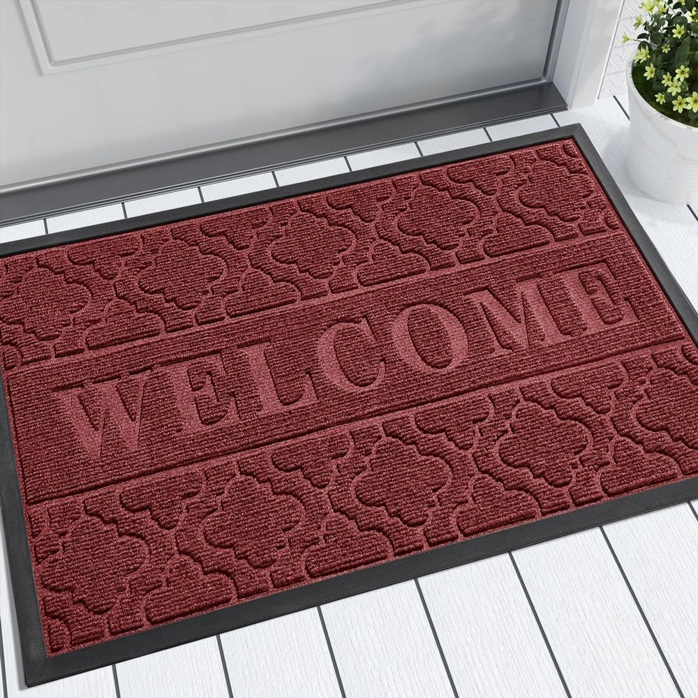 Yimobra Welcome Mat Outdoor Indoor, All-Season Waterproof Front Door Mat Outside Entrance, All-Weather Heavy Duty Non-Slip Doormat, Low Profile Porch Patio Entrance Mats, 29.5x17, Red