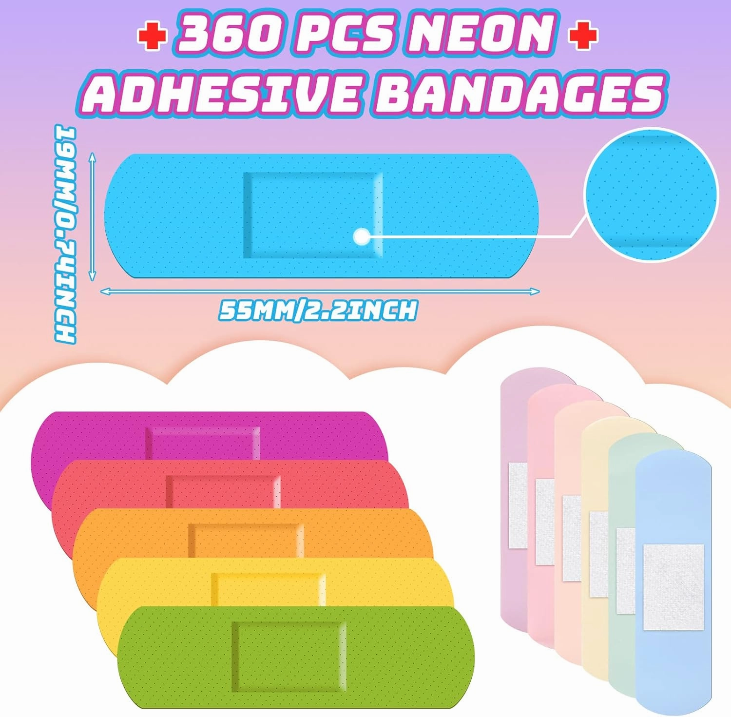 Yinder 360 Pcs Kids Bandages Bulk Colorful Flexible Bandages Neon Waterproof Breathable Strip Protect Cuts and Scrapes for Children Toddlers, 2.83'' x 0.75''