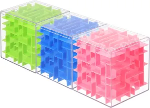 YOKIVE 3 Pcs Labyrinth Puzzle Box, Puzzle Cube Funny Labyrinth Game Puzzle Box Mind Teasers Leisure Toys, Great for Teens and Adults Birthday Gifts (Blue/Green/Pink, 3.15-Inch)