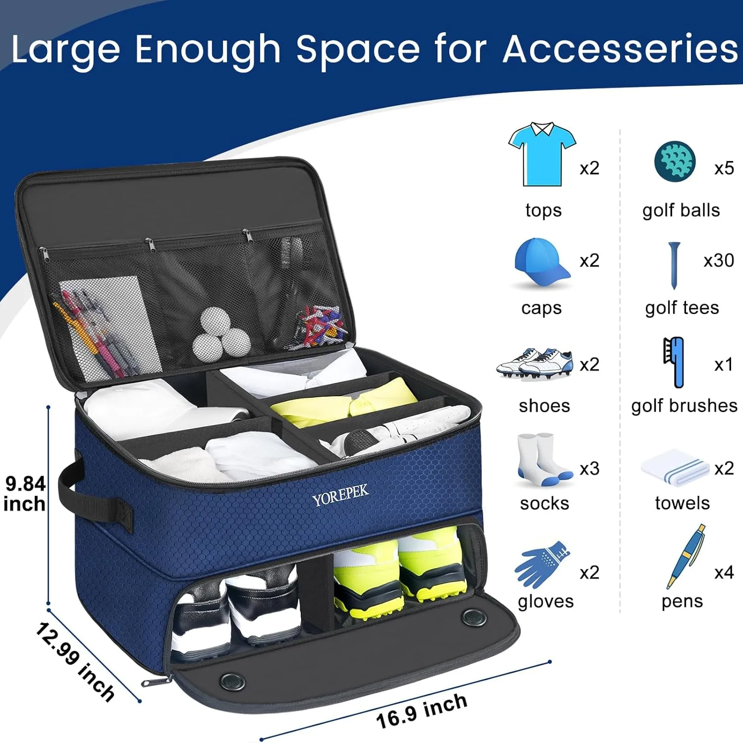YOREPEK 2 Layer Golf Trunk Organizer, Golf Gifts for Men with Separate Ventilated Compartment for 2 Pair Shoes, Waterproof Car Trunk Locker for Balls, Tees, Clothes, Gloves, Accessories, Golfer Gifts