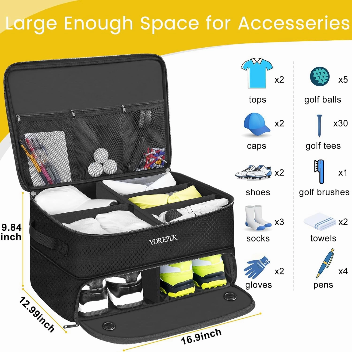 YOREPEK 2 Layer Golf Trunk Organizer, Golf Gifts for Men with Separate Ventilated Compartment for 2 Pair Shoes, Waterproof Car Trunk Locker for Balls, Tees, Clothes, Gloves, Accessories, Golfer Gifts