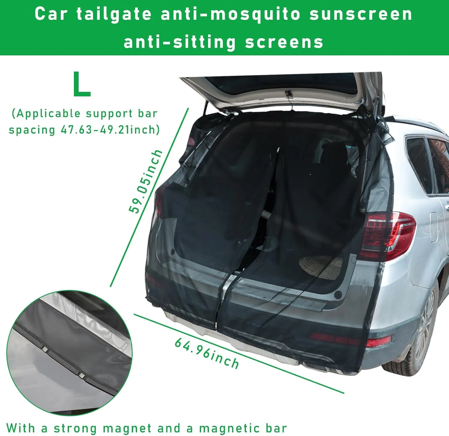 Ziciner Car Camping Tailgate Mosquito Net for SUV Tailgate, Magnetic Mount with Elastic Band Zipper, Breathable Auto Camping Mesh Rear Shades for Preventing Bugs Mosquitoes (L: 65"×59")